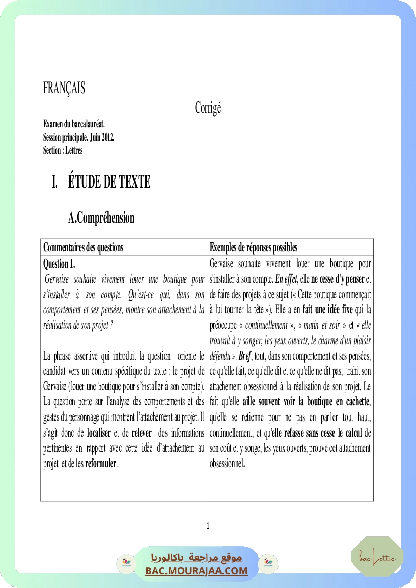 Corrigé principale francais Bac 2012 – Section lettre